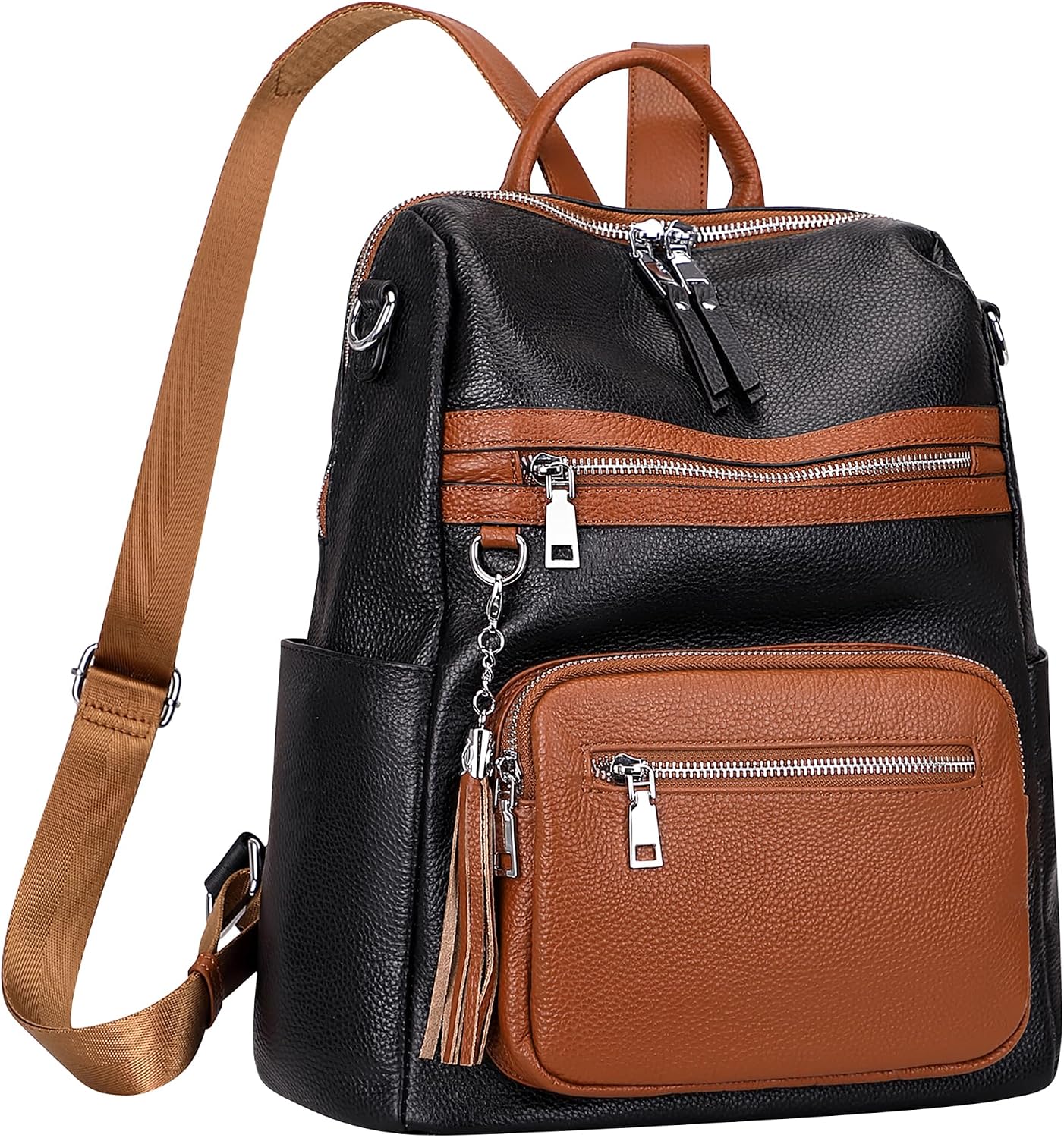 ALTOSY Genuine Leather Backpack Purse for Women Large Shoulder Bag With Laptop Compartment Multiple Pockets (S106 Black/Brown)