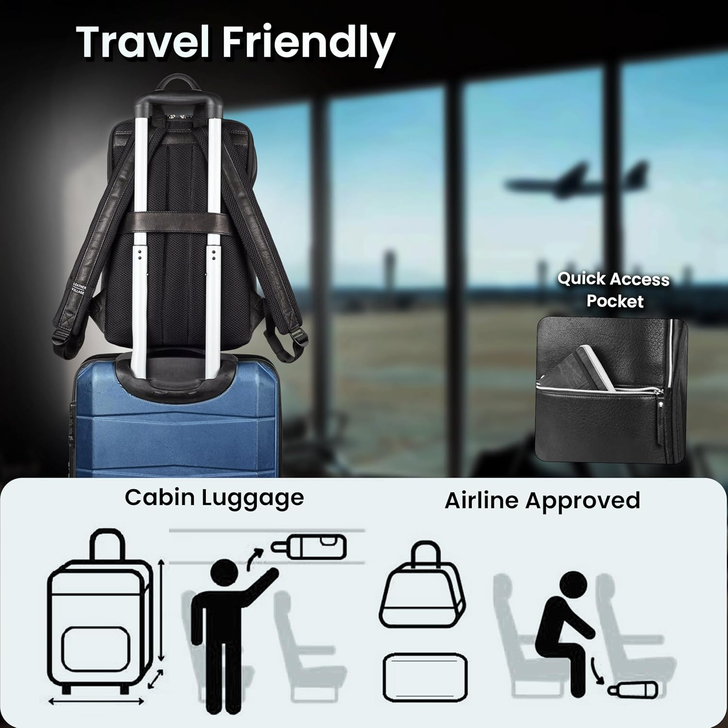 LEATHER VILLAGE Leather Laptop Backpack for Men | Black | Slim Professional Business Bag Fits 15.6'-Laptop | Water-Repellent Work & Travel Daypack with Trolley Strap