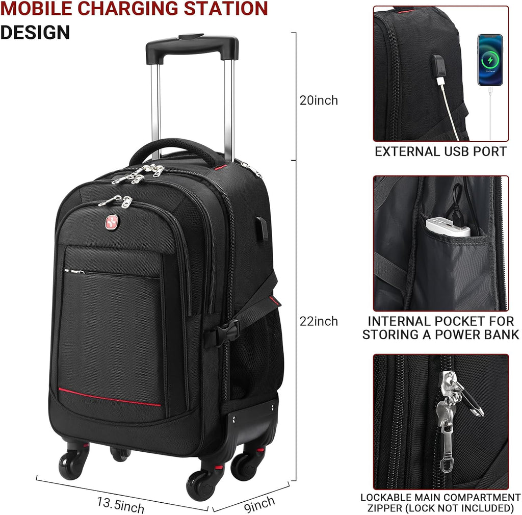 star cloud 45L Rolling Backpack for 17.3' Laptop - 22x14x9', Water-Resistant Luggage with 4 Extra Wheels, Roller Travel Laptop Backpack for Business, Wheeled Backpack for Travel and Commuting