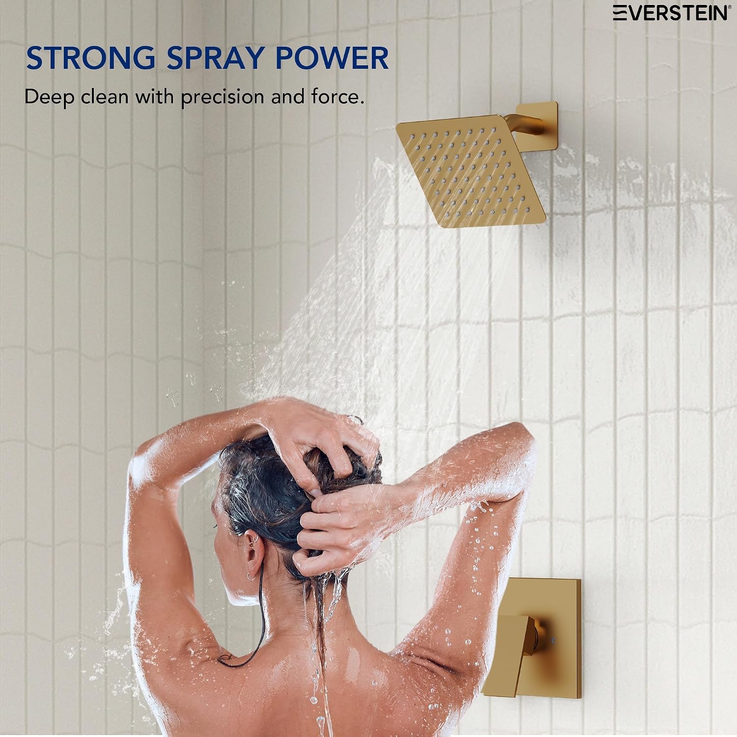 Square 6' High-Pressure Rainfall Shower Head, Wall Mount Shower Faucet with Pressure-balanced Valve, Brushed Gold