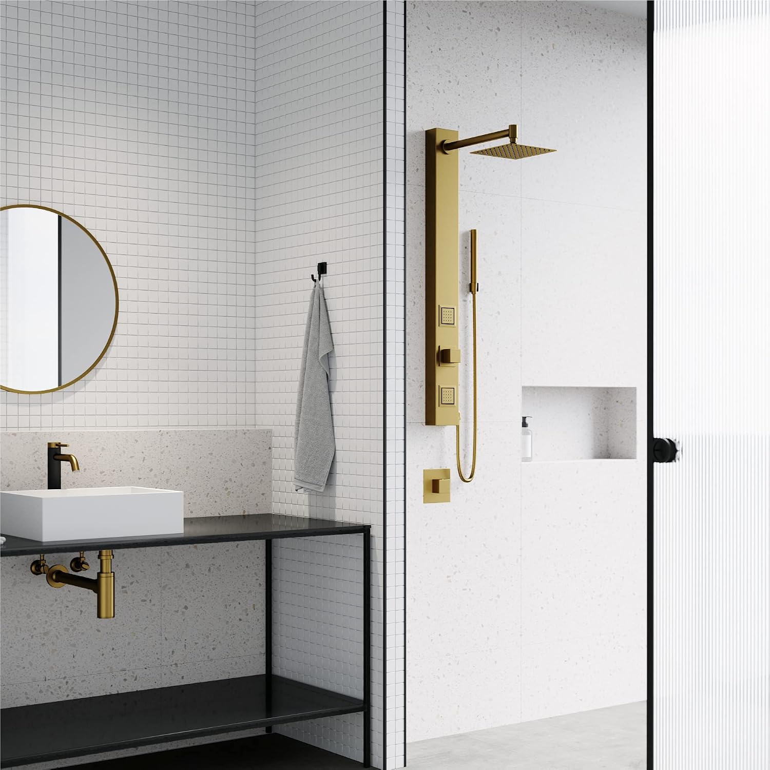 VIGO Orchid 39 in. H x 4 in. W 2-Jet Shower Panel System with Square Head and Hand Shower Wand in Matte Brushed Gold VG08014MG