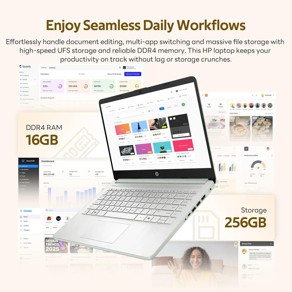 HP Flagship 14' HD Student&Business Laptop with AI Copilot, 13th Gen Intel 4-Core, 16GB RAM, 256GB Storage (128GB UFS + 128GB Docking Station), 1 Year Office 365, 720p Webcam, Win 11, Willow Green