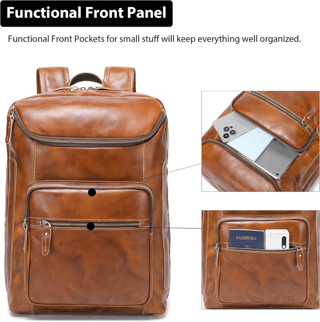 LANNSYNE Vegetable Tanned Leather Backpack For Men, 17' Laptop Backpack, Casual Outdoor Business Travel Rucksack, YKK Zippers