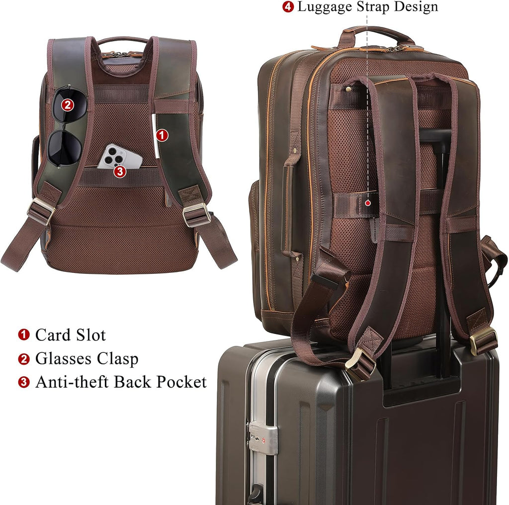 TIDING 17.3' Full Grain Leather Laptop Backpack for Men Multi Pockets Casual Daypack Business Travel Rucksack
