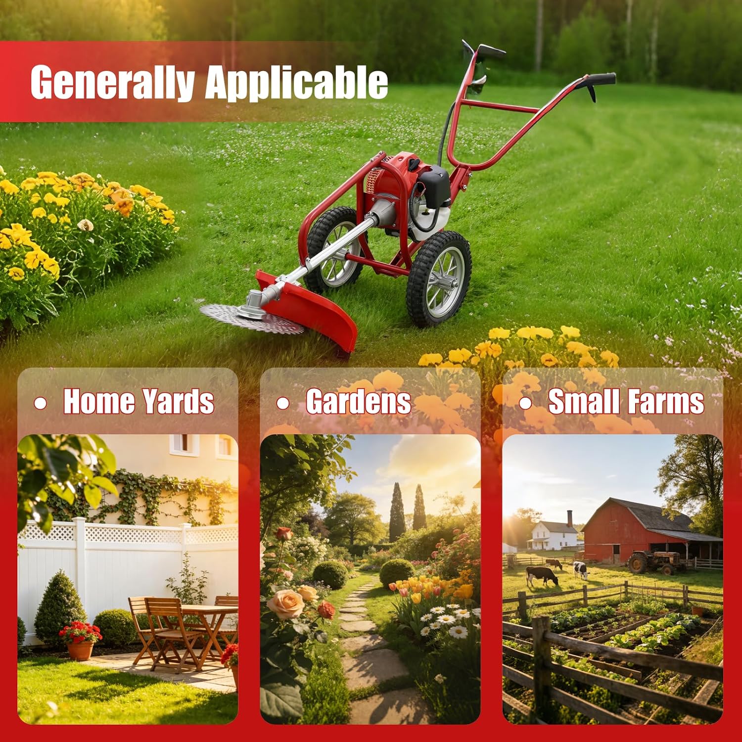 Walk Behind String Trimmer, 1.8KW Hand-Pull 2 Stroke Air-Cooled Single-Cylinder Lawn Mower Gas Powered 49CC 57.1X17.2X27.6 Inch Walk Behind Weed Trimmer for Lawn Garden