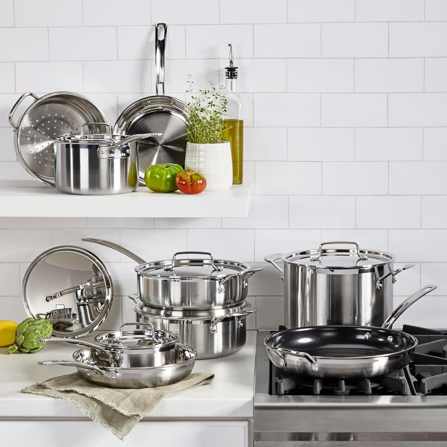 Cuisinart 15-Piece Cookware Set, MultiClad Pro Triple-Ply Stainless Steel Cookware Set, Heat Surround Technology, Cool Grip Stick Handles, Oven Safe up to 500F, MCPS-15N, Silver