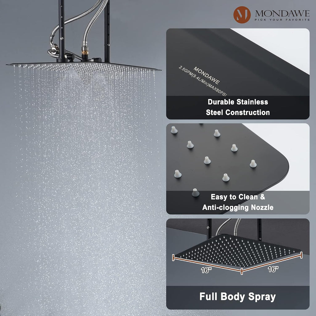 MONDAWE 16 Inch Thermostatic Shower System in Matte Black, Ceiling Mounted Rain and Mist Shower Head with Handheld Spray and 6 Body Jets, High Pressure Bathroom Shower Faucet Set, Solid Brass Valve