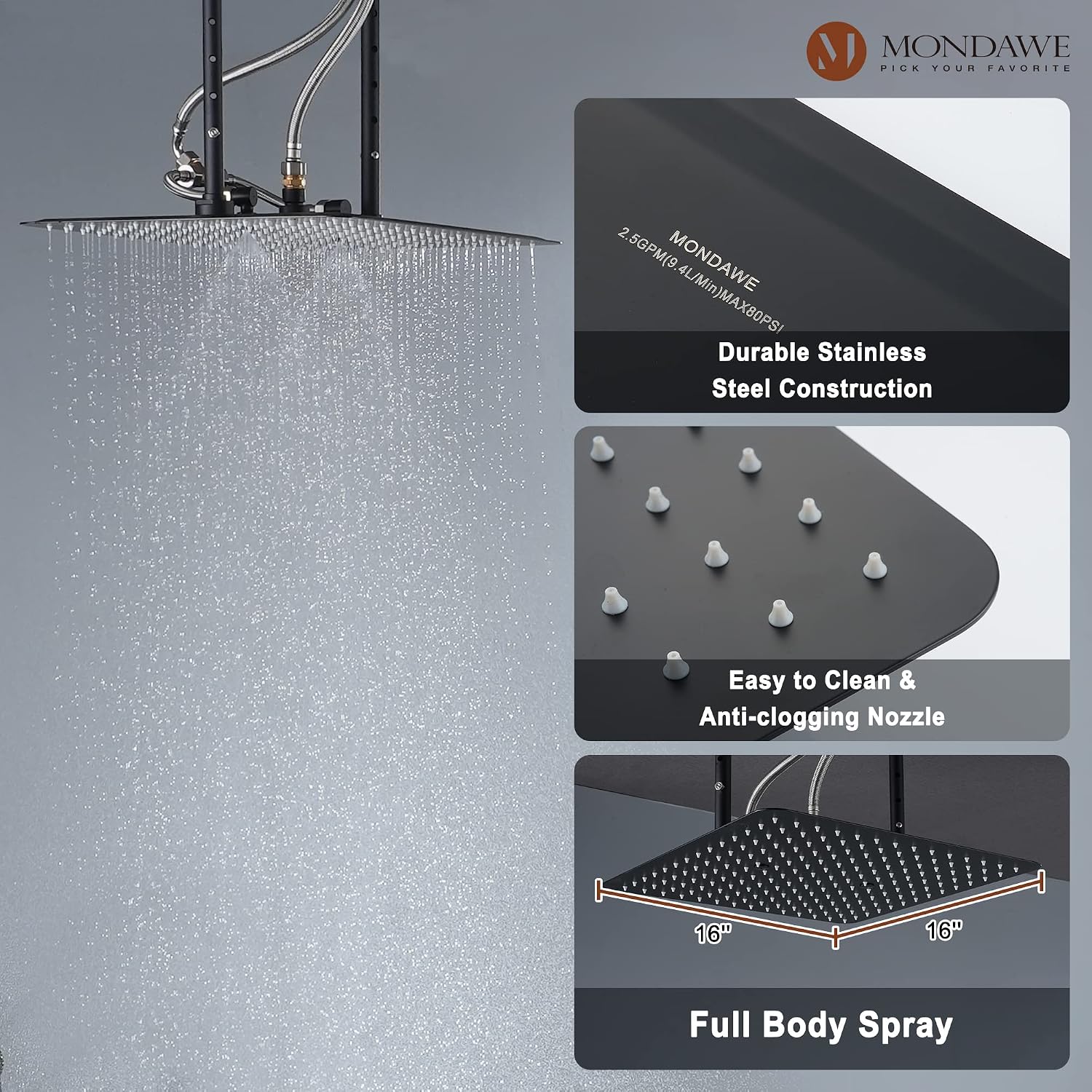 MONDAWE 16 Inch Thermostatic Shower System in Matte Black, Ceiling Mounted Rain and Mist Shower Head with Handheld Spray and 6 Body Jets, High Pressure Bathroom Shower Faucet Set, Solid Brass Valve