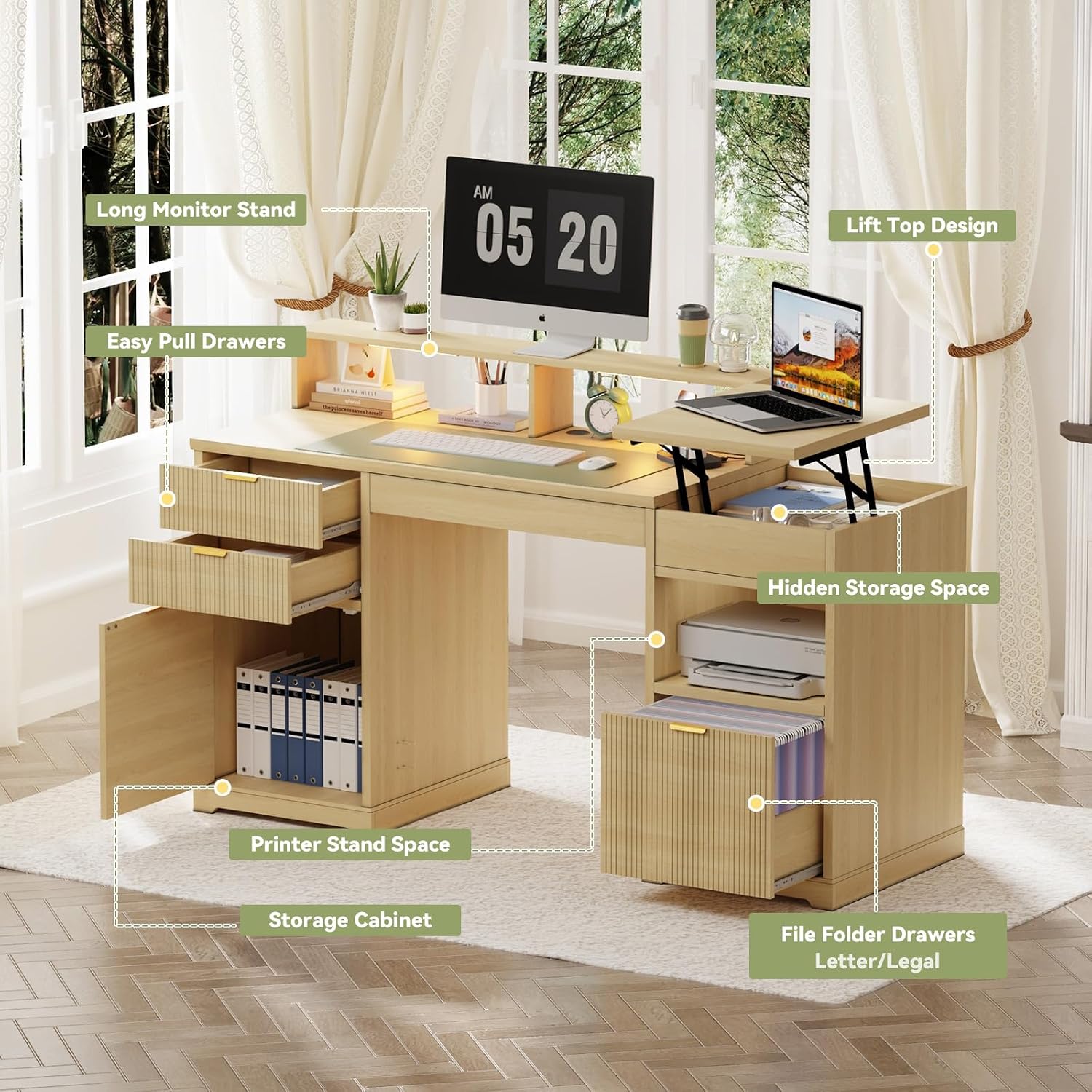 Fluted Desk with Drawers, 63' Home Office Executive Desk with Lift Top, Filing Cabinet, Gaming Desk Charging Station, Sensor Lights, Computer Table with Monitor Stand, Natural Wood