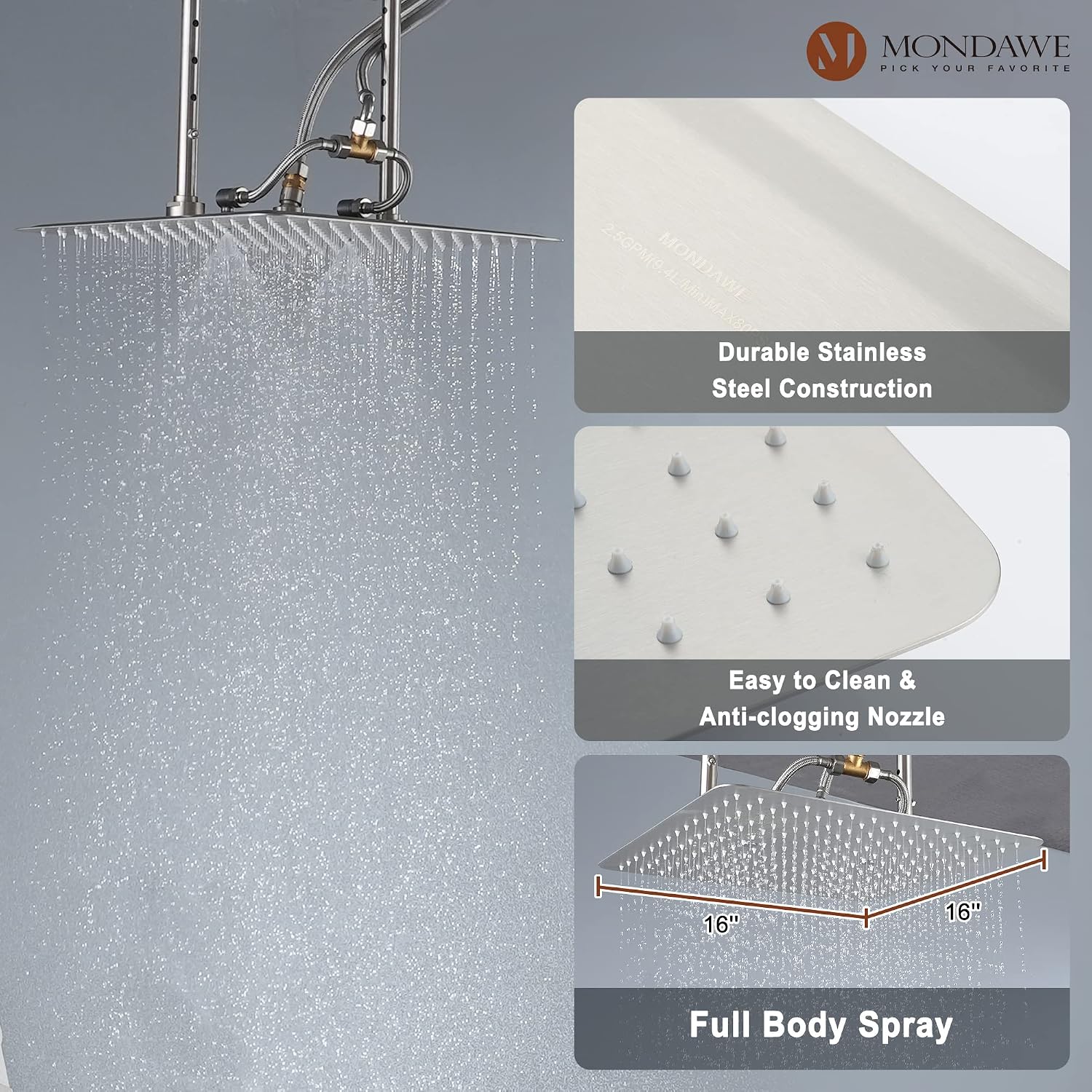 MONDAWE 16 Inch Thermostatic Shower System in Brushed Nickel, Ceiling Mounted Rain and Mist Shower Head with Handheld Spray and 6 Body Jets, High Pressure Bathroom Shower Faucet Set, Solid Brass Valve