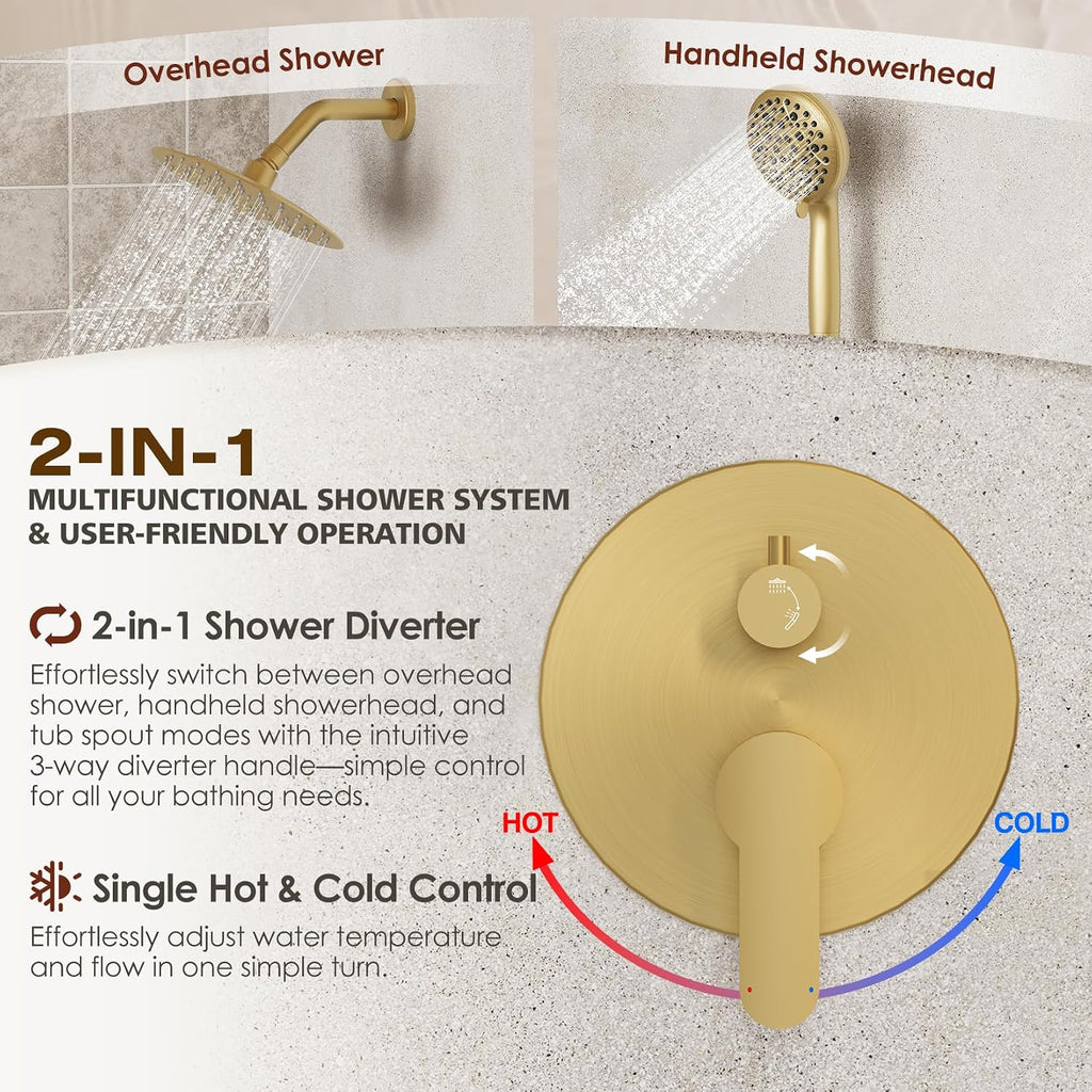 Brushed Gold Shower System, Bathroom Shower Combo Set with 8-Inch Rain Shower Head, 8-Spray Mode Filtered Handheld Shower Head, Wall Mounted with Rough-In Valve Body and Trim Included
