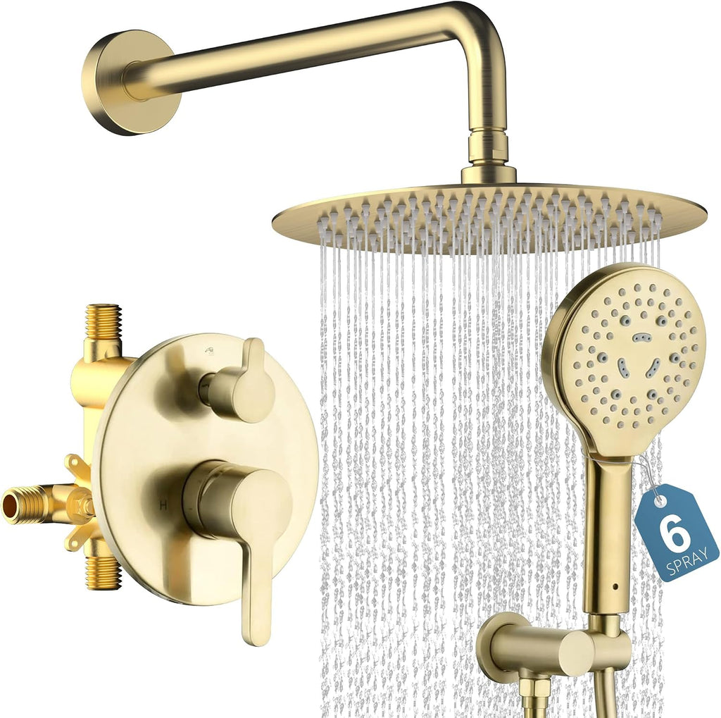 Brushed Gold Shower Faucet Set with Valve 10 Inches High Pressure Shower Head Combo Set Wall Mount Rain Shower Head System with 6 Function Handheld