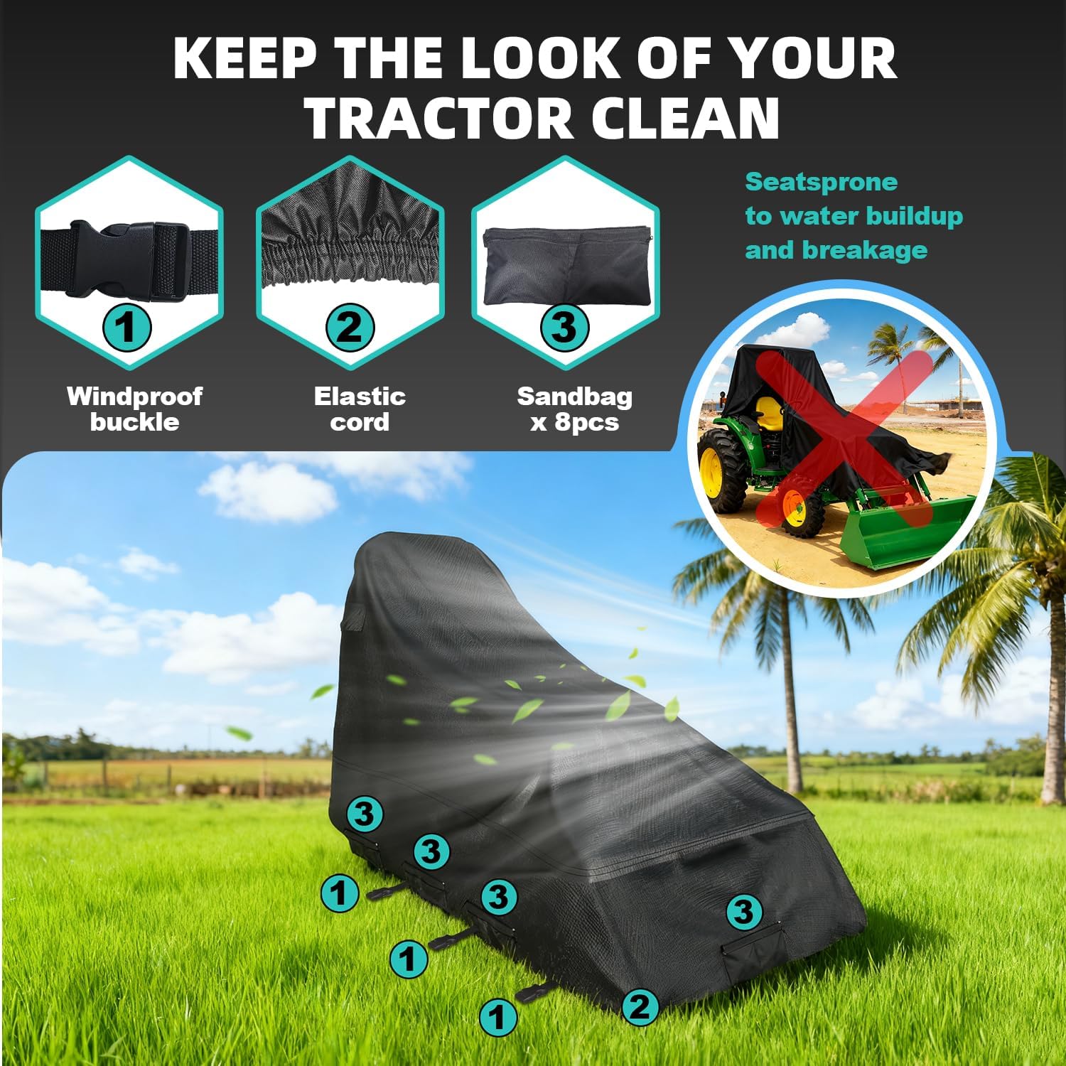 Tractor Cover 35 Lb Weighted, 600D Oxford Waterproof & Windproof, 189 In x 76 In x 86 In, Built-In Sand Bags & Buckle Straps, All-Weather Protection