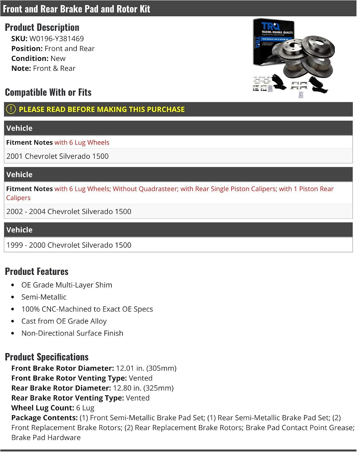 Front and Rear Semi-Metallic Brake Pad and Rotor Kit - Compatible with 1999-2004 Chevy Silverado 1500 (with Rear Single Piston Calipers)