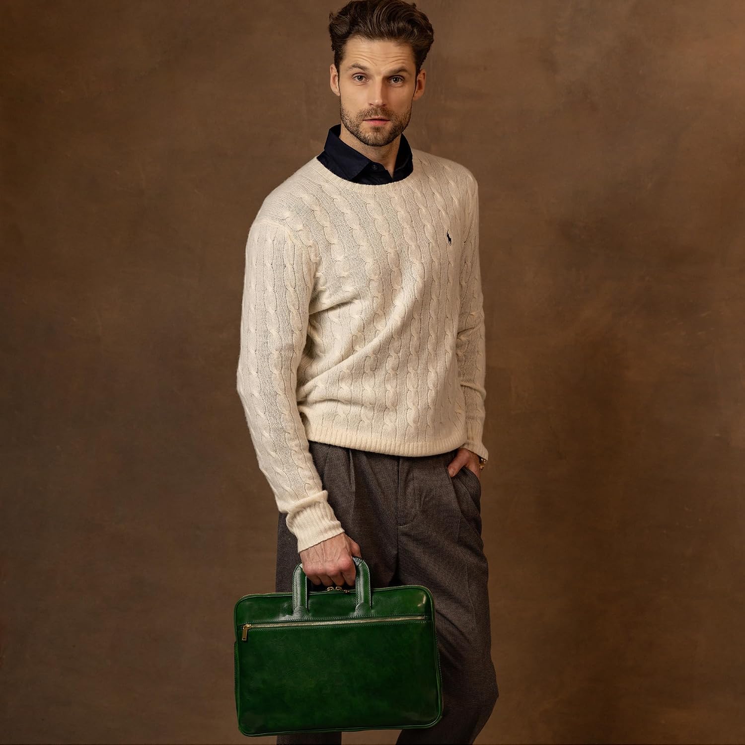 Time Resistance Slim Leather Briefcase - Italian Handmade Leather Computer Bag - Briefcase for Men and Women - Laptop Bag