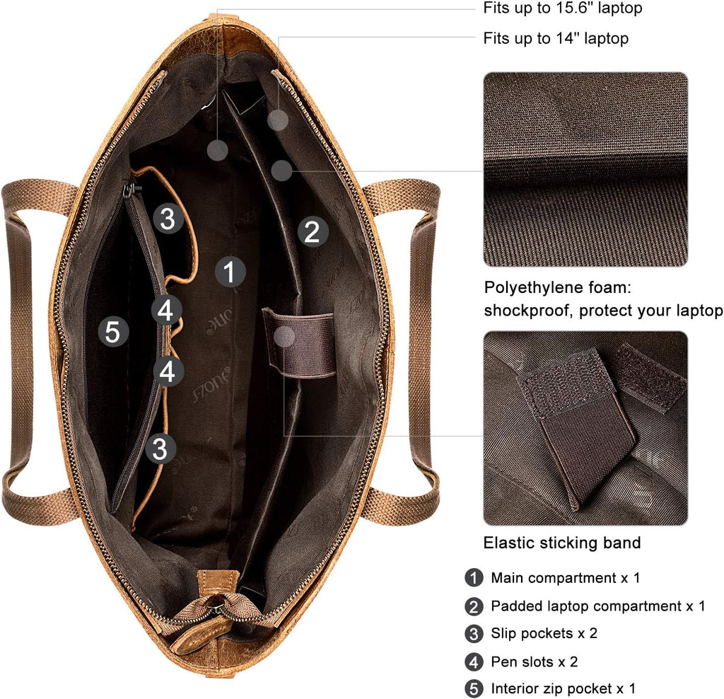 S-ZONE Genuine Leather Tote Bag for Women Large Shoulder Purses Work Handbags with Crossbody Strap Vintage