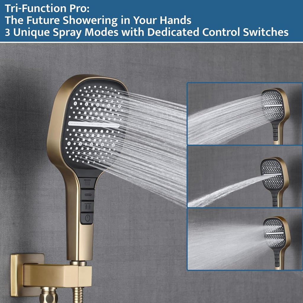 Thermostatic Shower System with Ceiling Mount 16 Inch LED Shower Head Brushed Gold, Push Button Diverter Shower Faucet with 3 in 1 Handheld, 6 Inch Shower Head【All Functions Simultaneous Use】