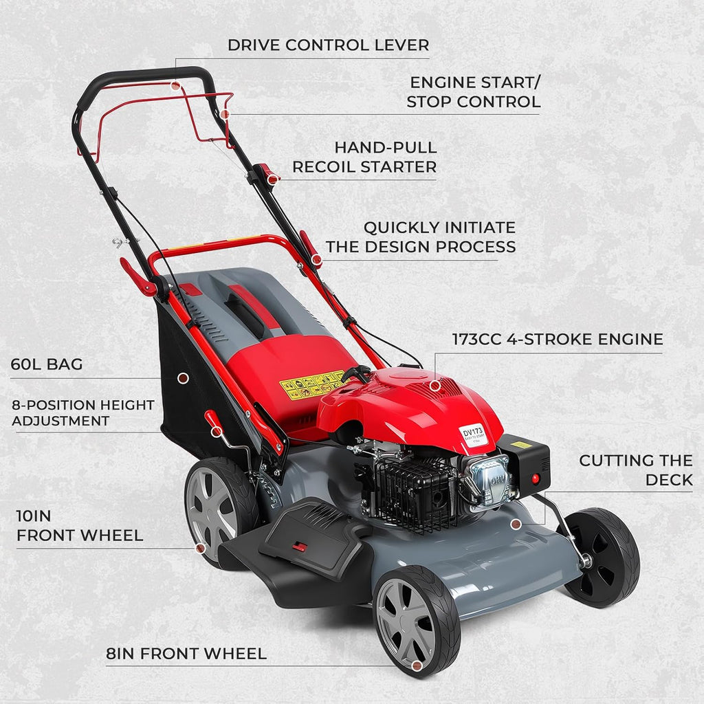 Lawn Mower Gas Powered, 173cc Engine Self Propelled Lawn Mower 20-Inch with 60L Grass Bag, 3-in-1 Mulching, Bagging & Side Discharge Self Propelled Walk-Behind Push Mower for Landscaping (Red3)