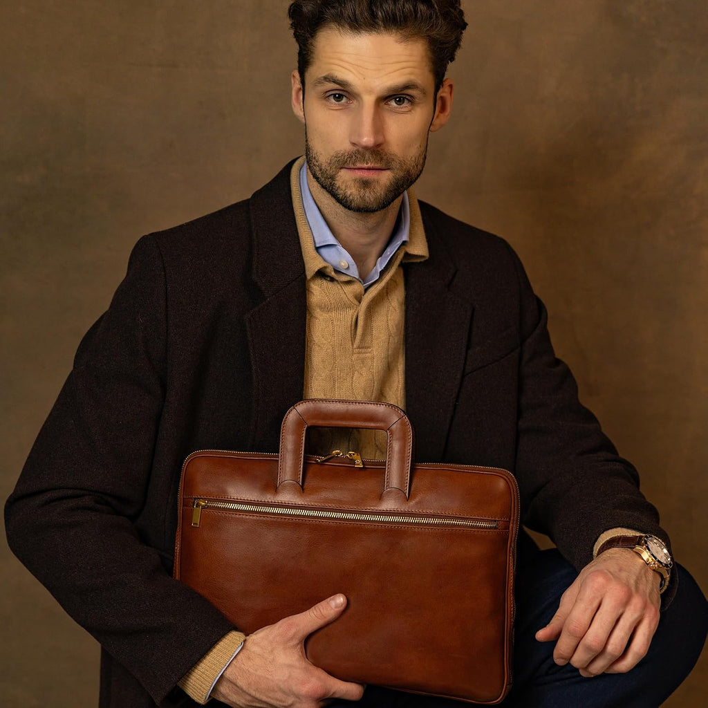 Time Resistance Slim Leather Briefcase - Italian Handmade Leather Computer Bag - Briefcase for Men and Women - Laptop Bag