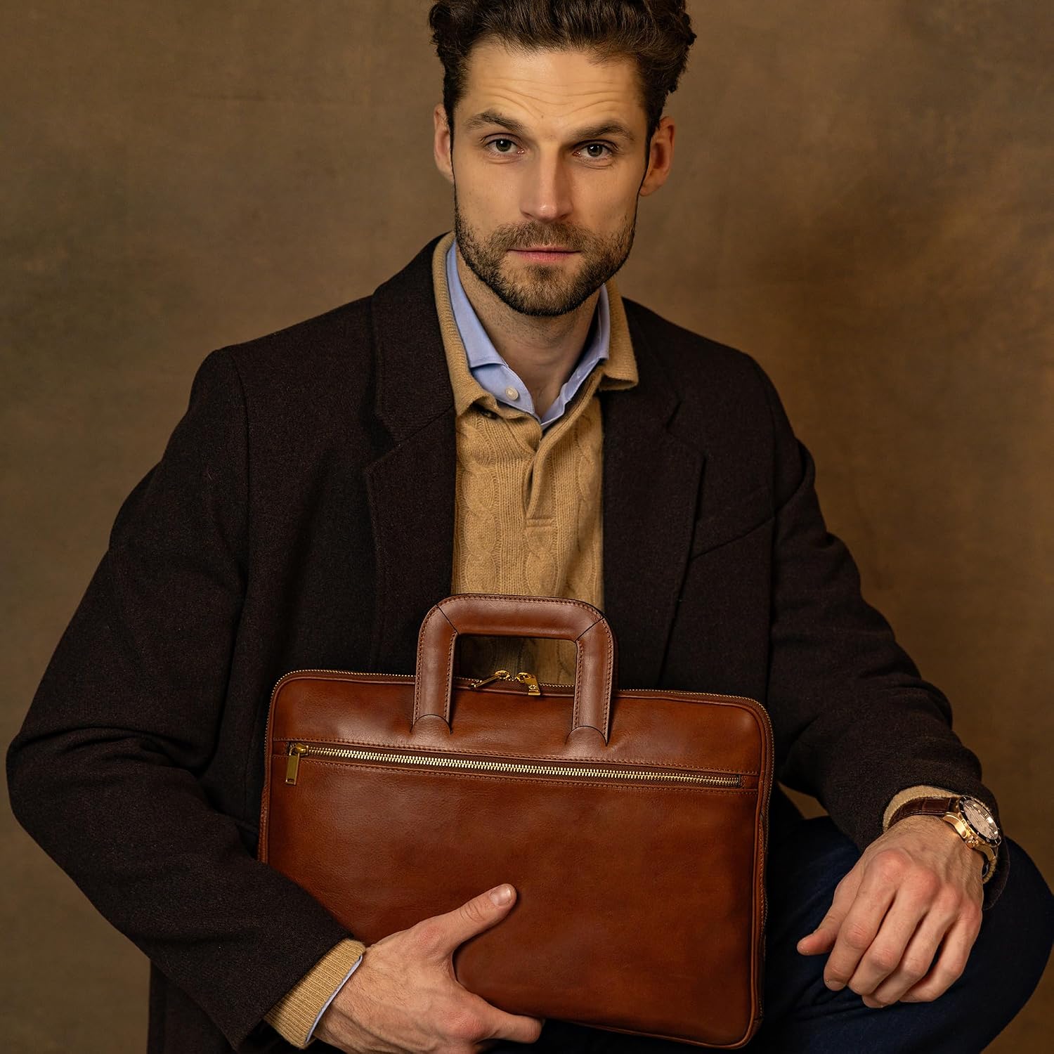 Time Resistance Slim Leather Briefcase - Italian Handmade Leather Computer Bag - Briefcase for Men and Women - Laptop Bag