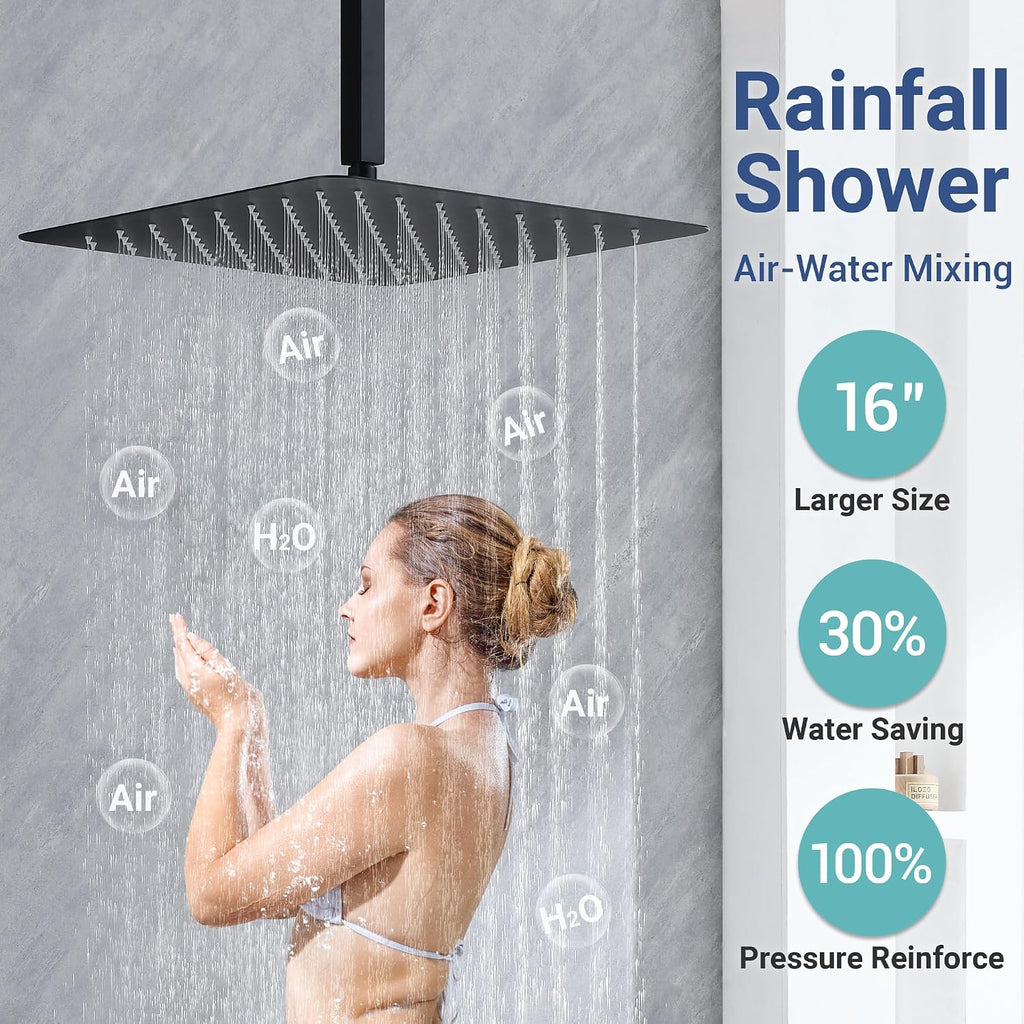 Matte Black Thermostatic Shower System with Body Jets, Ceiling 16' Rainfall Shower & Wall Mount 6-Inch Shower Head Luxury Shower Faucet Set with Handheld Spray, Dual Shower Heads Set
