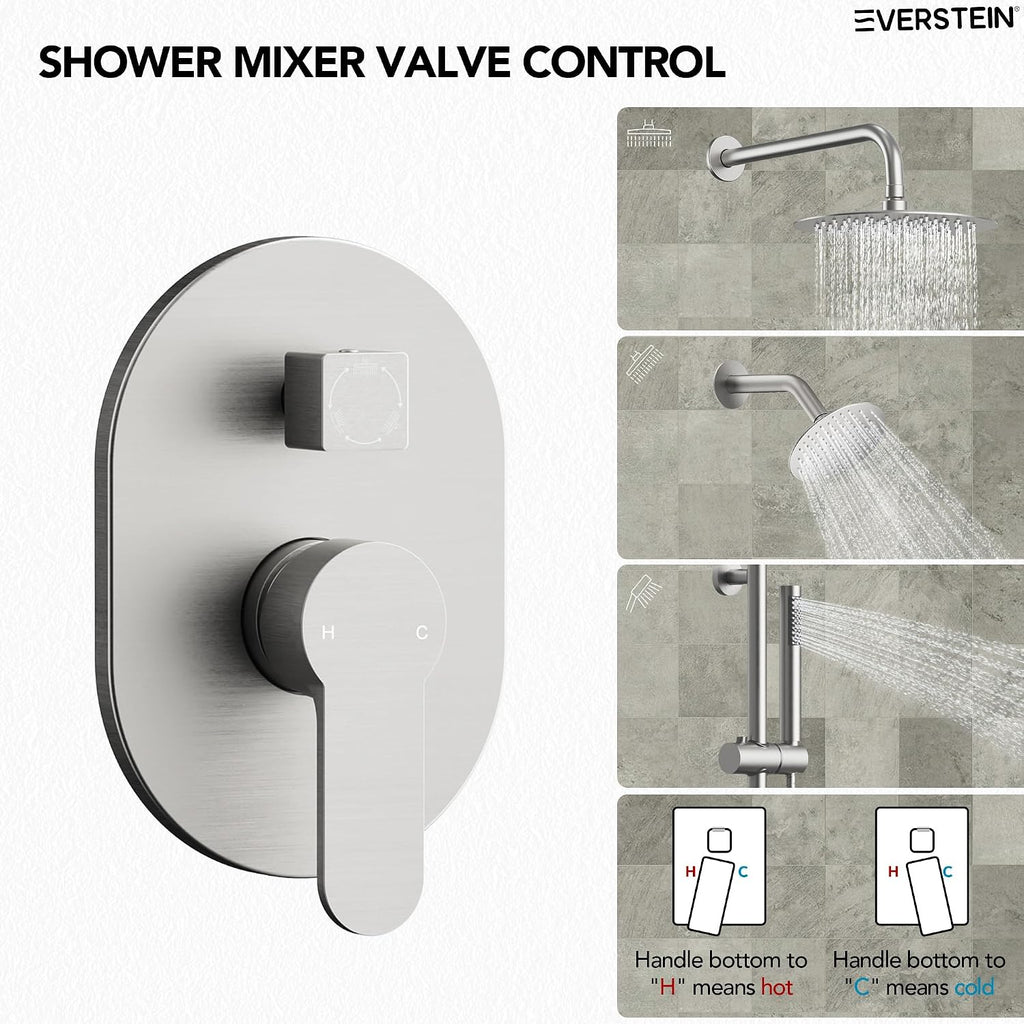 Wall Mount 10' High-Pressure Rainfall Shower Faucet with Slide Bar, Dual Rainfall Shower Head System with Valve (Brushed Nickel)