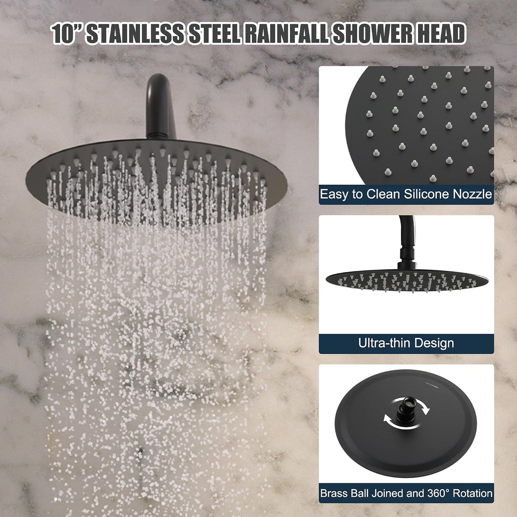 MONDAWE Round Shower Faucet Set with Tub Spout, Wall Mounted Shower System 10 Inch Rainfall Shower Head with Handheld Combo, Matte Black High Pressure Shower Faucets Sets Complete