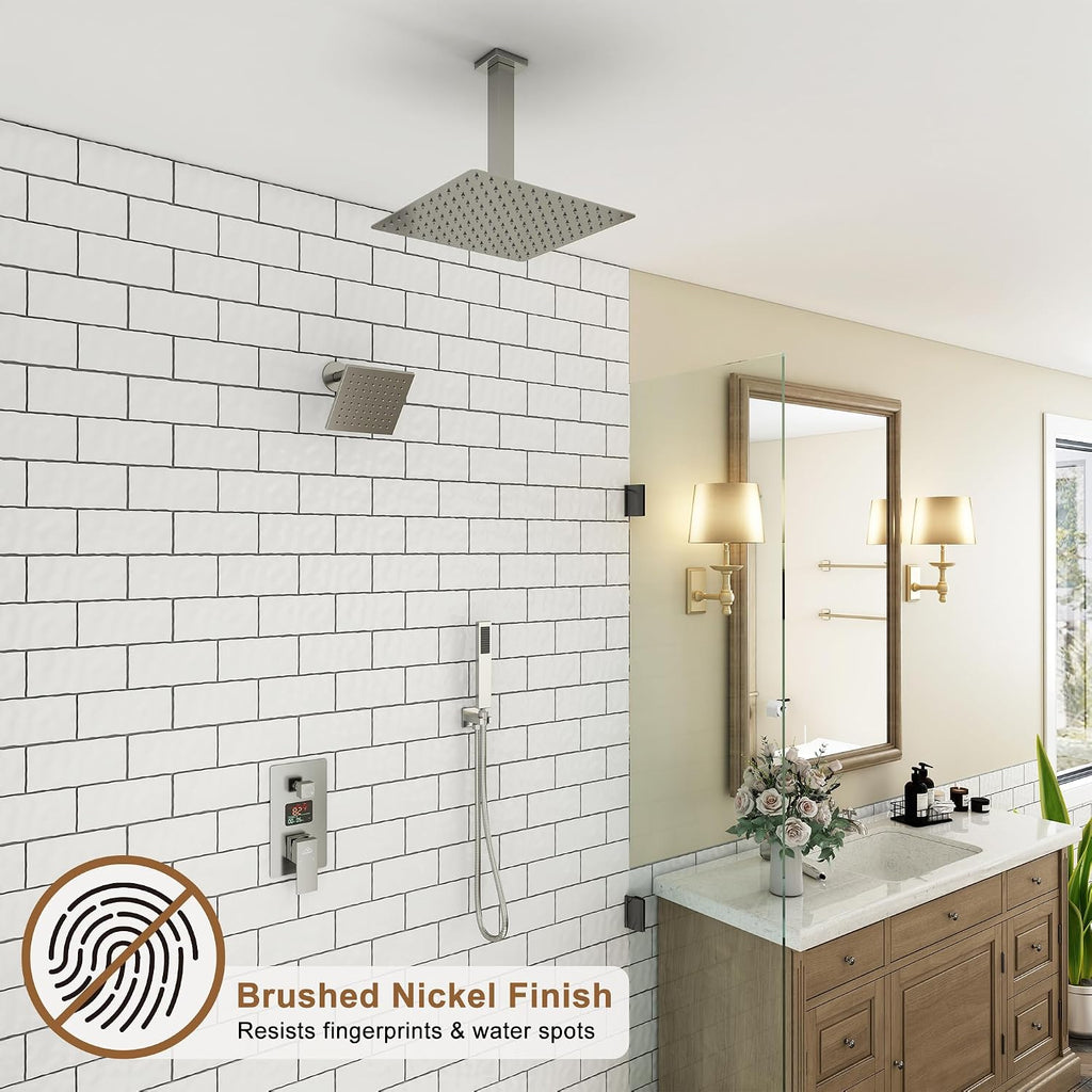 CASAINC Ceiling Mounted Shower System 12 Inch Rain Shower Head with Handheld Spray & 6 Inch Shower Head, Multifunctional Shower Faucet Set with Water Temperature Display (Brushed Nickel)