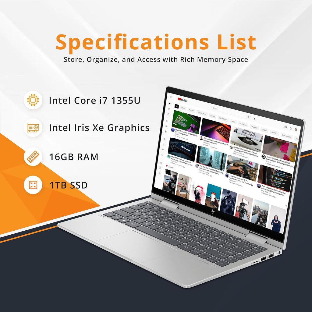 HP Envy x360 2-in-1 14' FHD Touchscreen Laptop, Intel Core i7-1355U, 16GB RAM, 1TB SSD, Backlit KB, 5MP Camera, Fingerprint Reader, Intel Iris Xe Graphics, Wi-Fi 6E, Win 11, Silver, 32GB USB Card