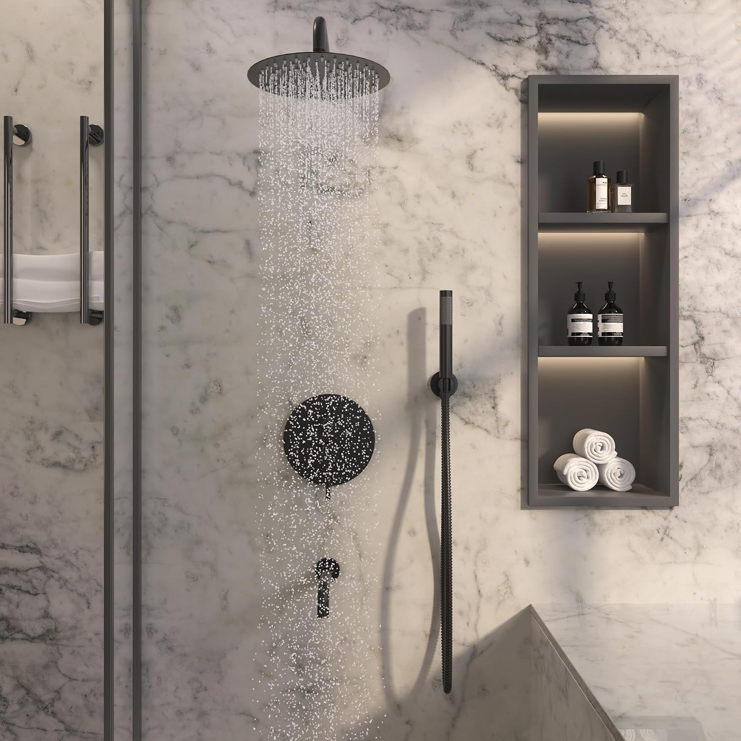 MONDAWE Round Shower Faucet Set with Tub Spout, Wall Mounted Shower System 10 Inch Rainfall Shower Head with Handheld Combo, Matte Black High Pressure Shower Faucets Sets Complete