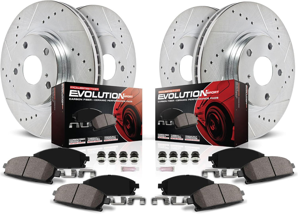 PowerStop Front and Rear Brake Kit for Kia Soul 2017-19 - Drilled and Slotted Disc Rotors with Carbon-Fiber Ceramic Brake Pads Replacement, K8008