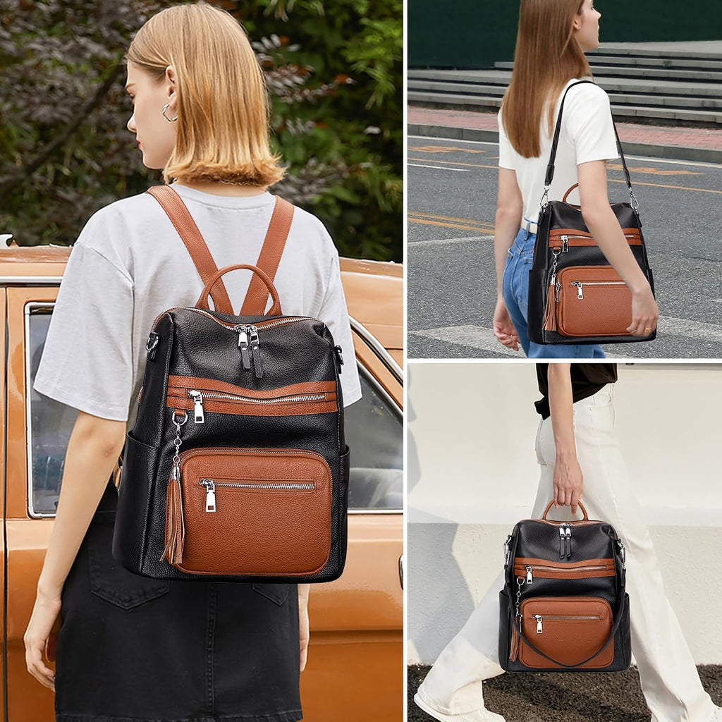 ALTOSY Genuine Leather Backpack Purse for Women Large Shoulder Bag With Laptop Compartment Multiple Pockets (S106 Black/Brown)