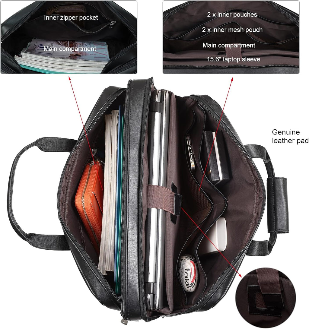 Masa Kawa Leather Briefcase for Men 17/15.6' Laptop Crossbody Shoulder Messenger Bag Business Travel Work Attache Case