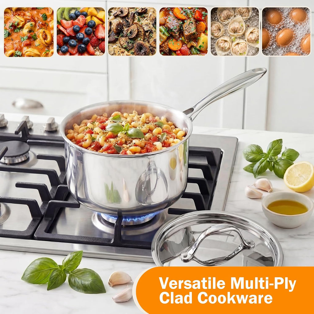 Cooks Standard 10-Piece Tri-Ply Clad Stainless Steel Cookware Set | Includes Saucepan, Steamer & Stockpot with Lids & Fry Pan. Aluminum Core for Even Heat. Oven & Dishwasher Safe