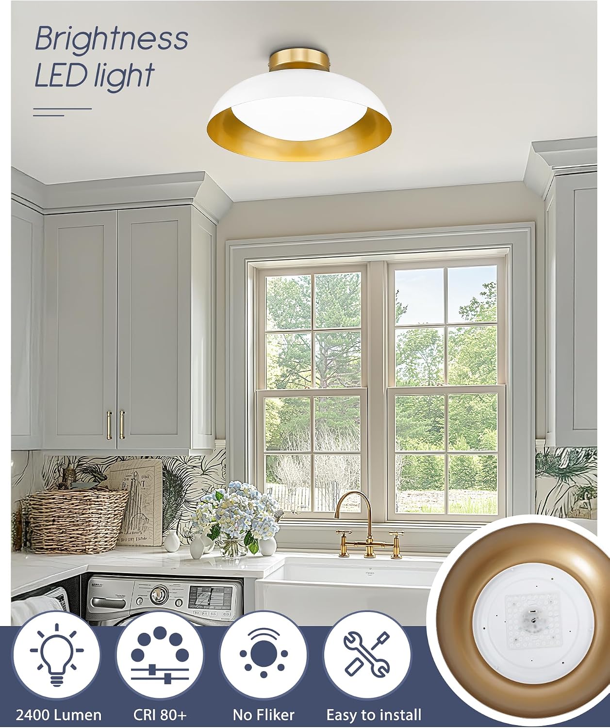 kudos LED Flush Mount Ceiling Light, 2 Pack 16 Inch Ceiling Lights, 24W 2400Lm White and Gold Flush Mount Light Fixtures for Kitchen, Hallway, Bathroom, 5CCT Adjustable, KDCL02-WT-2PK