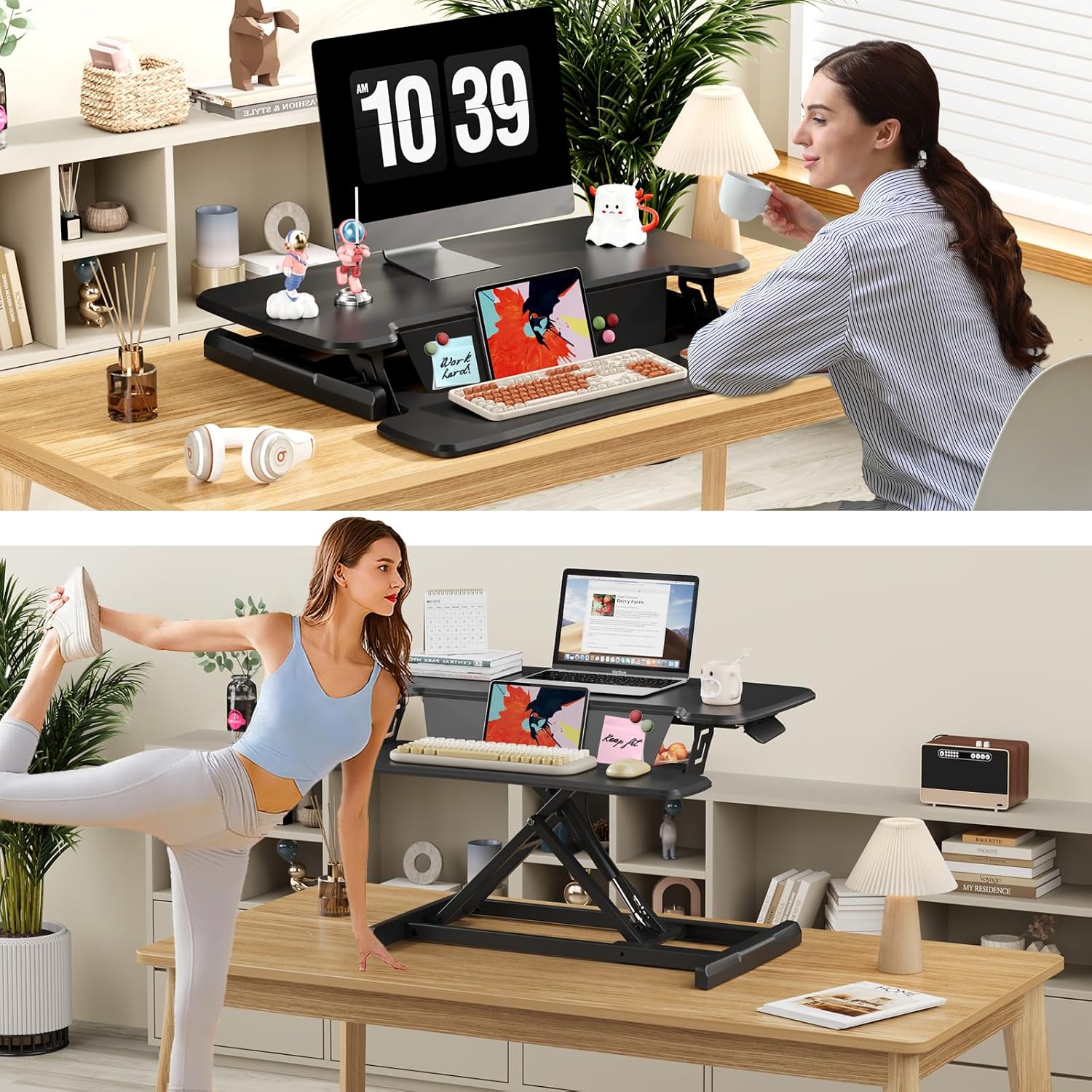 JOY worker Standing Desk Converter, 32' Height Adjustable Sit Stand Up Desk Riser with Keyboard Tray & 6 Fridge Magnets, Desktop Workstation Riser for Home Office Computer Laptop, Black