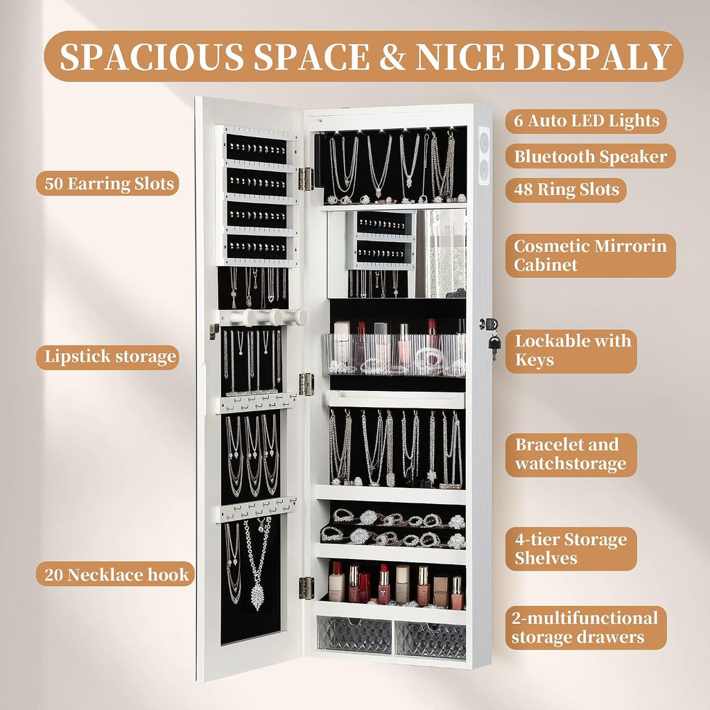 LED Mirror Jewelry Cabinet with Bluetooth Speaker, Wall/Door Mounted Jewelry Organizer Armoire, Full Length Lighted Mirror with Jewelry Storage,Jewelry Box Standing for Women