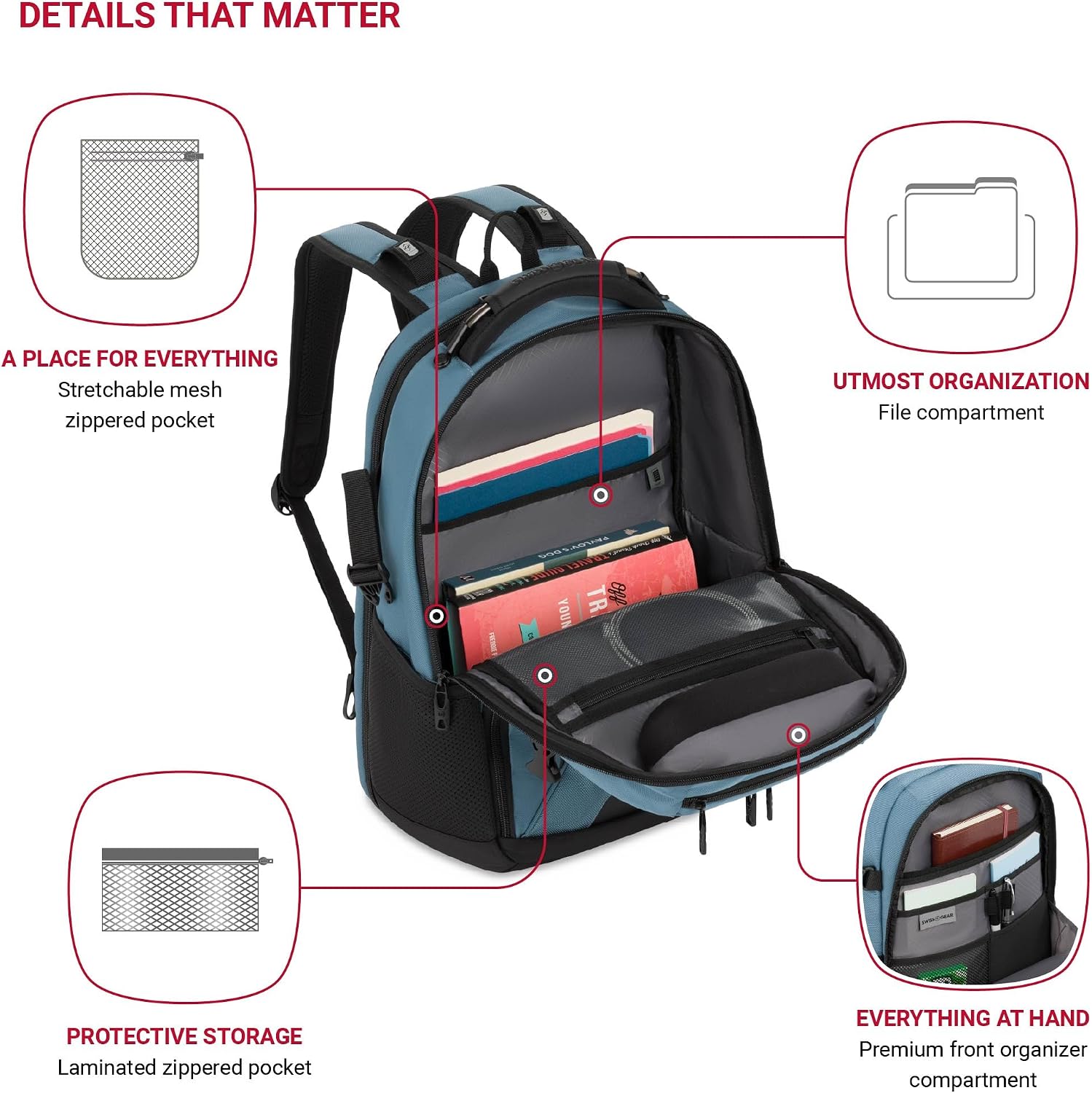 SwissGear Travel Tech Pro Laptop Backpack – Fits Laptops up to 16' – ScanSmart TSA-Friendly Backpack with Multiple Organizer Pockets – Blue