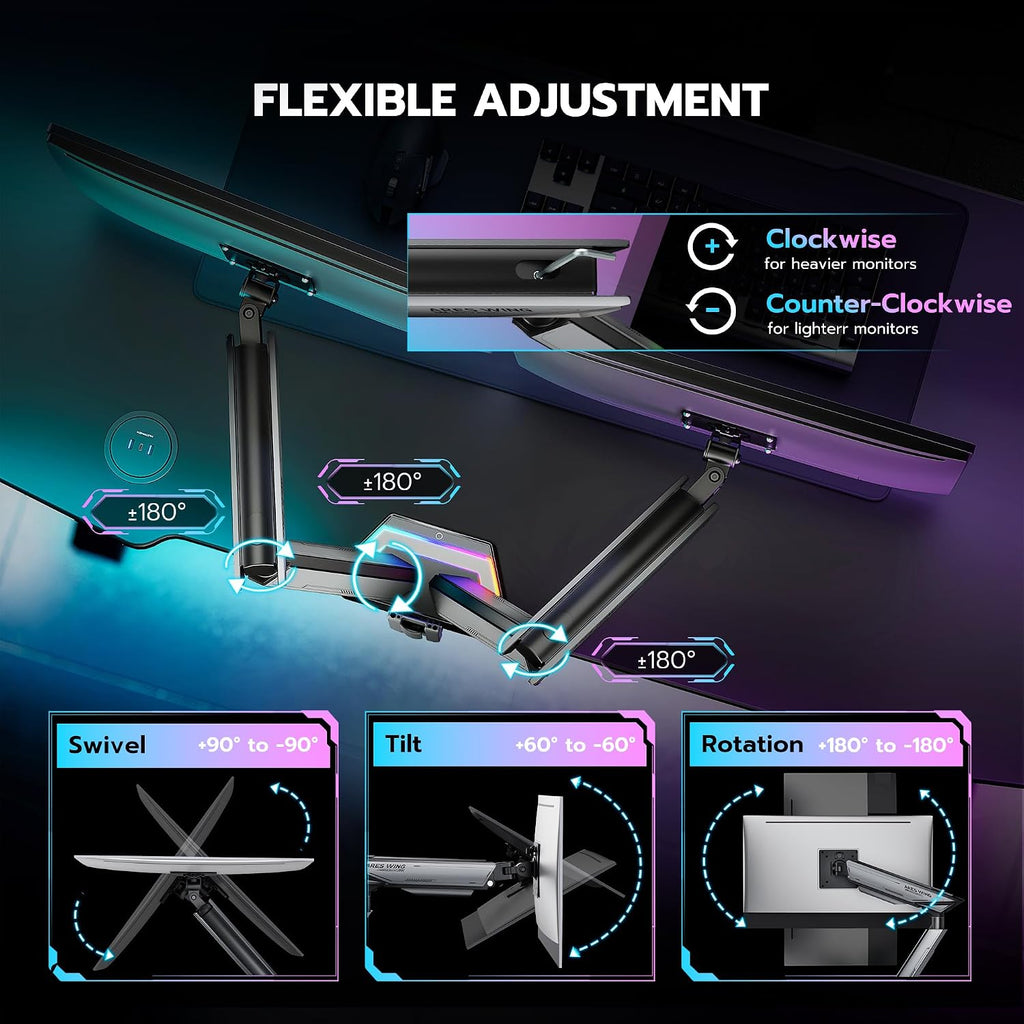 ARES WING RGB Dual Monitor Arm for 17-38' Ultrawide Screens, Holds 35.2lbs, Heavy Duty Dual Monitor Stand for Desk, Adjustable Double Mount with Clamp & Grommet Base, 75/100 VESA Mount, Gray