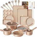 HONGBAKE Pots and Pans Set Nonstick, 26 Pcs All-in-One Kitchen Starter Set with Cookware, Bakeware & Silicone Utensils, Non Toxic Ceramic Coating, Induction & Oven Safe, PFOA PFOS Free, Gold