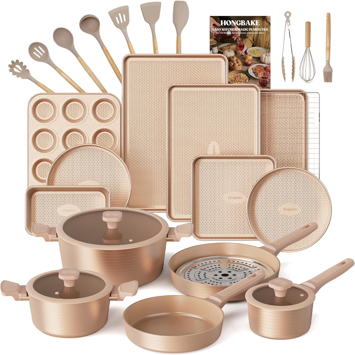 HONGBAKE Pots and Pans Set Nonstick, 26 Pcs All-in-One Kitchen Starter Set with Cookware, Bakeware & Silicone Utensils, Non Toxic Ceramic Coating, Induction & Oven Safe, PFOA PFOS Free, Gold