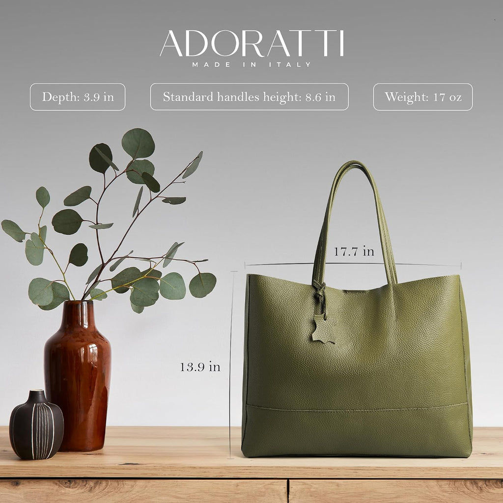 Italian Leather Tote Bag for Women - Large Shoulder Shopper, Fits 16' Laptop, Keychain Holder, Made in Italy