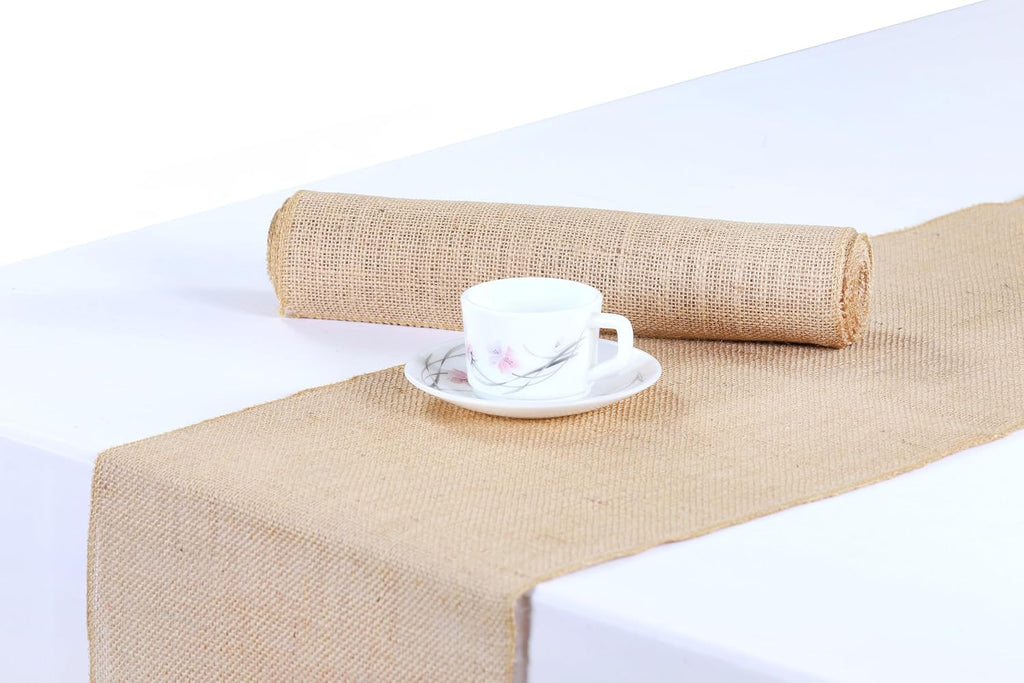 VDS Pack of 25, Burlap Table Runner 100% Natural Jute Rustic Hessian Table Cloth Centrepiece for Wedding Bridal Shower Birthday Event Party Banquet Table Decoration (Size 12X108 Inch)(Natural Beige)