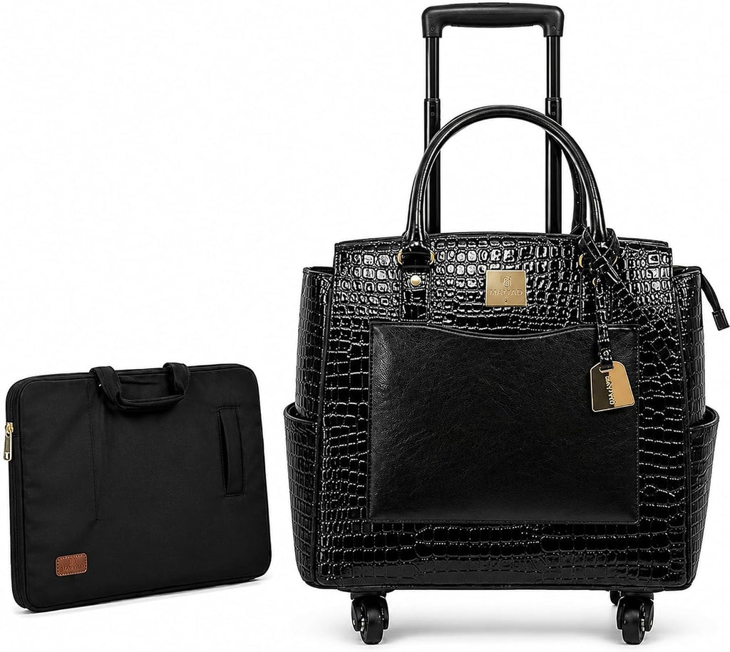 Rolling Laptop Bag for Women with Wheels & Handle Luxury Pure Leather Embossed Work Bag with Laptop Sleeve Travel Briefcase