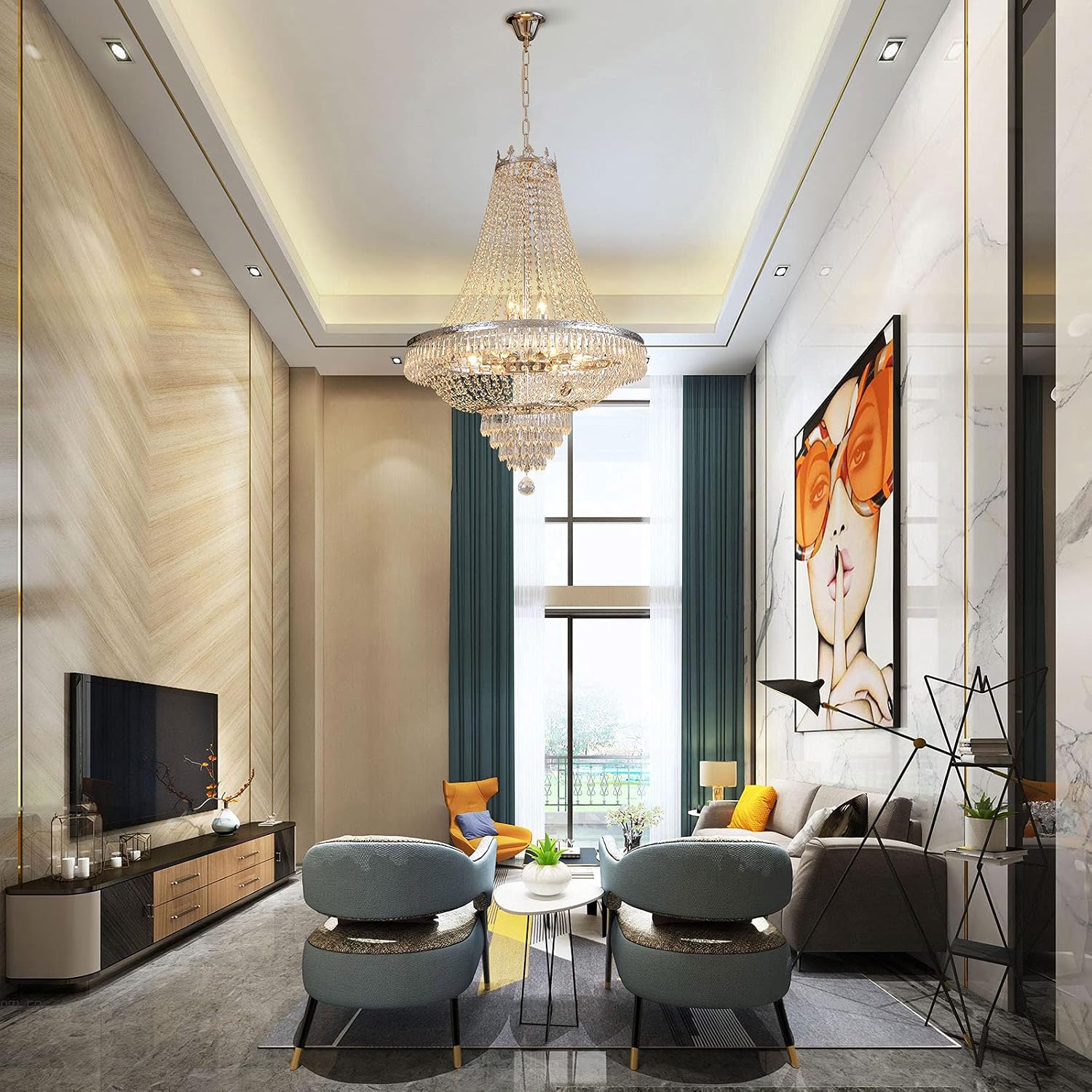 Luxury Crystal Chandelier, French Empire Crystal Ceiling Chandelier LED Hanging Lighting Home Decor Lamp for Living Room Bedroom Foyer Gold/Silver