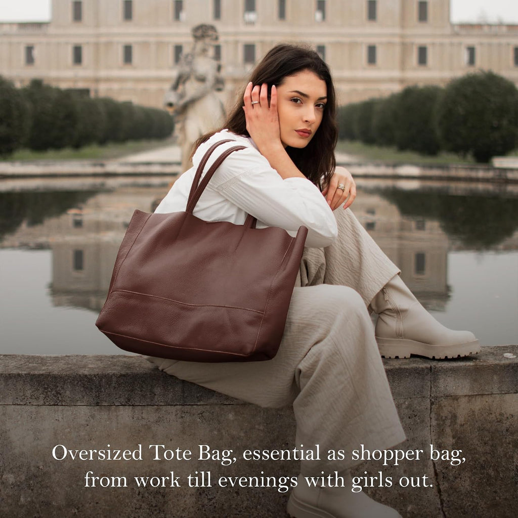 Italian Leather Tote Bag for Women - Large Shoulder Shopper, Fits 16' Laptop, Keychain Holder, Made in Italy