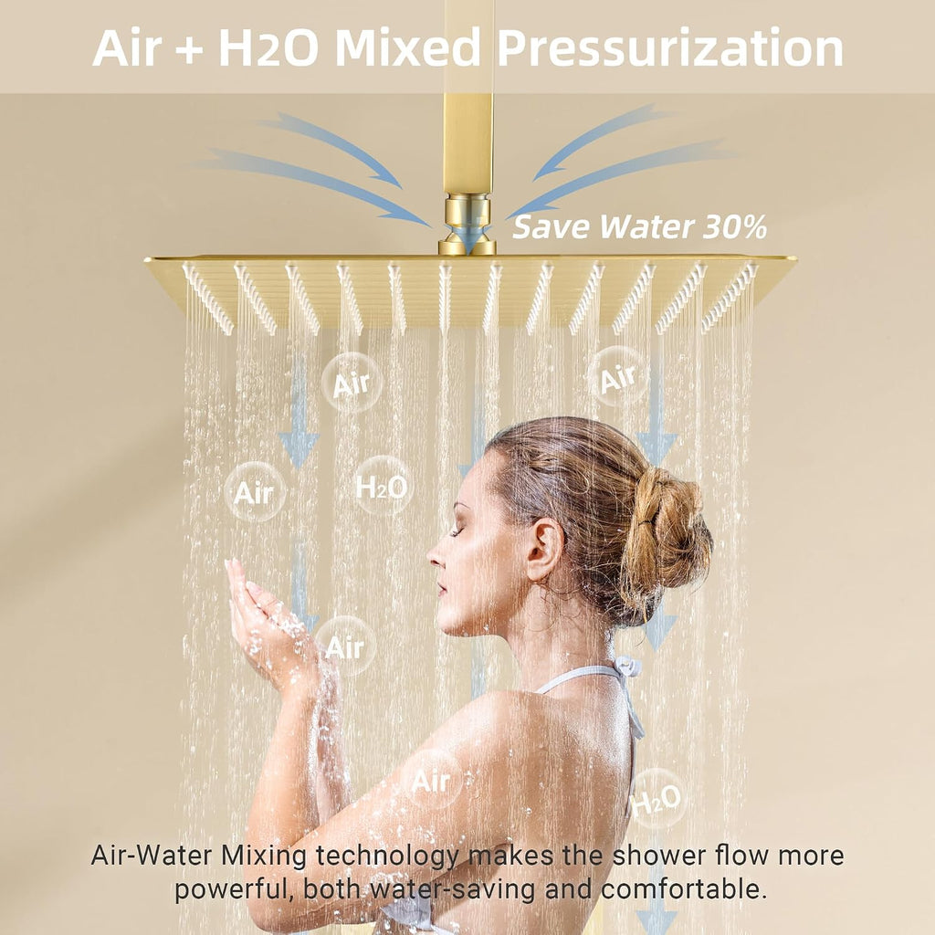 Dasan Dual Rain Shower System with Valve & handheld,Luxury Shower Faucet Set With Ceiling Mounted 12' & 6' Shower Head,Brushed Gold Tandem Shower Head System for Couples 2 Person