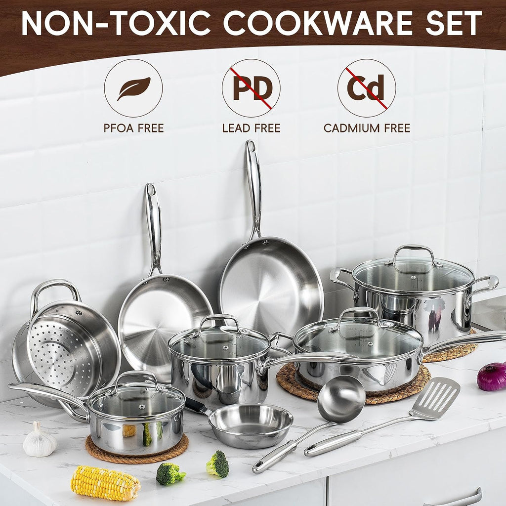 SuperCook Tri Ply Stainless Steel Cookware Set, 16-Piece Pots and Pans Set with Kitchen Utensils and Steamer, Non-Toxic, Multiclad, Induction Oven Compatible, Dishwasher Safe