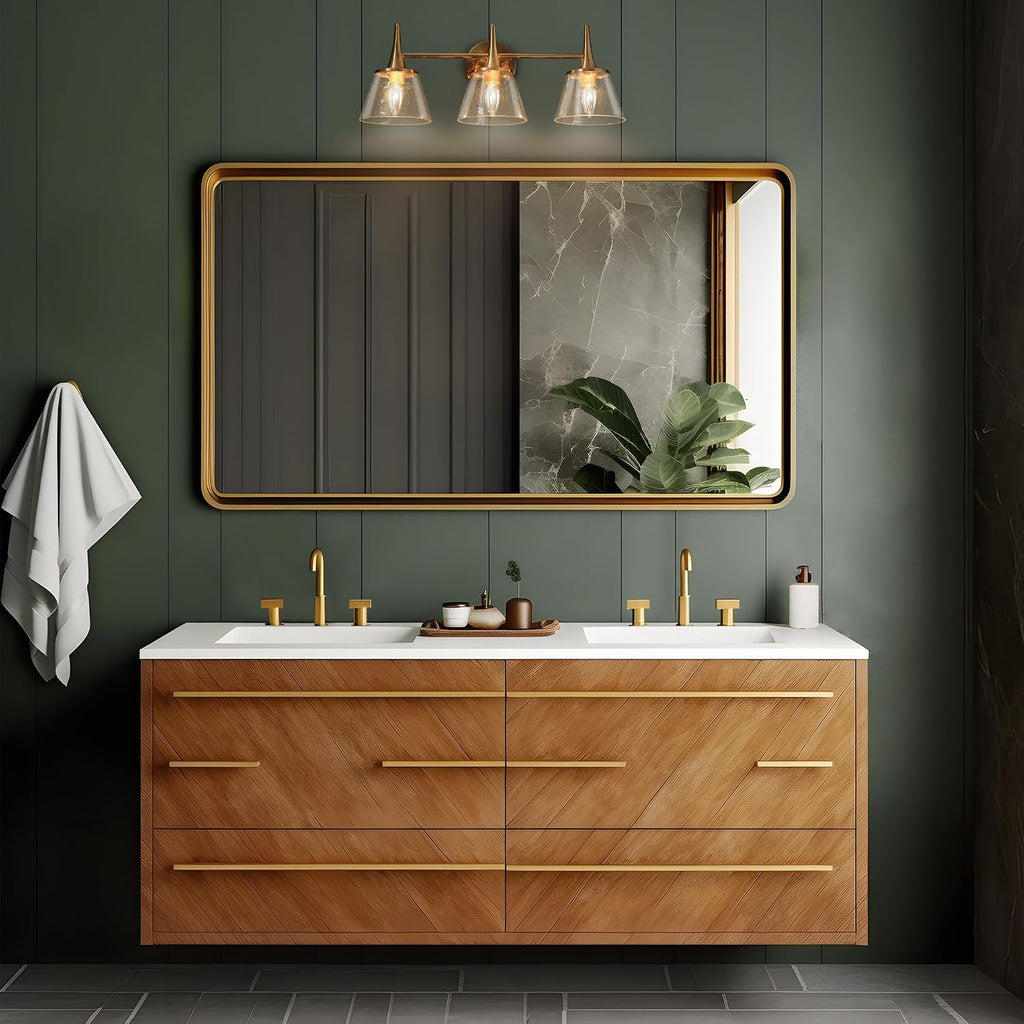 KSANA Gold Bathroom Light Fixtures, 22.5'' Modern Plating Brass Vanity Lights with Seeded Glass Shade, 3-Light Copper Bathroom Lighting Over Mirror