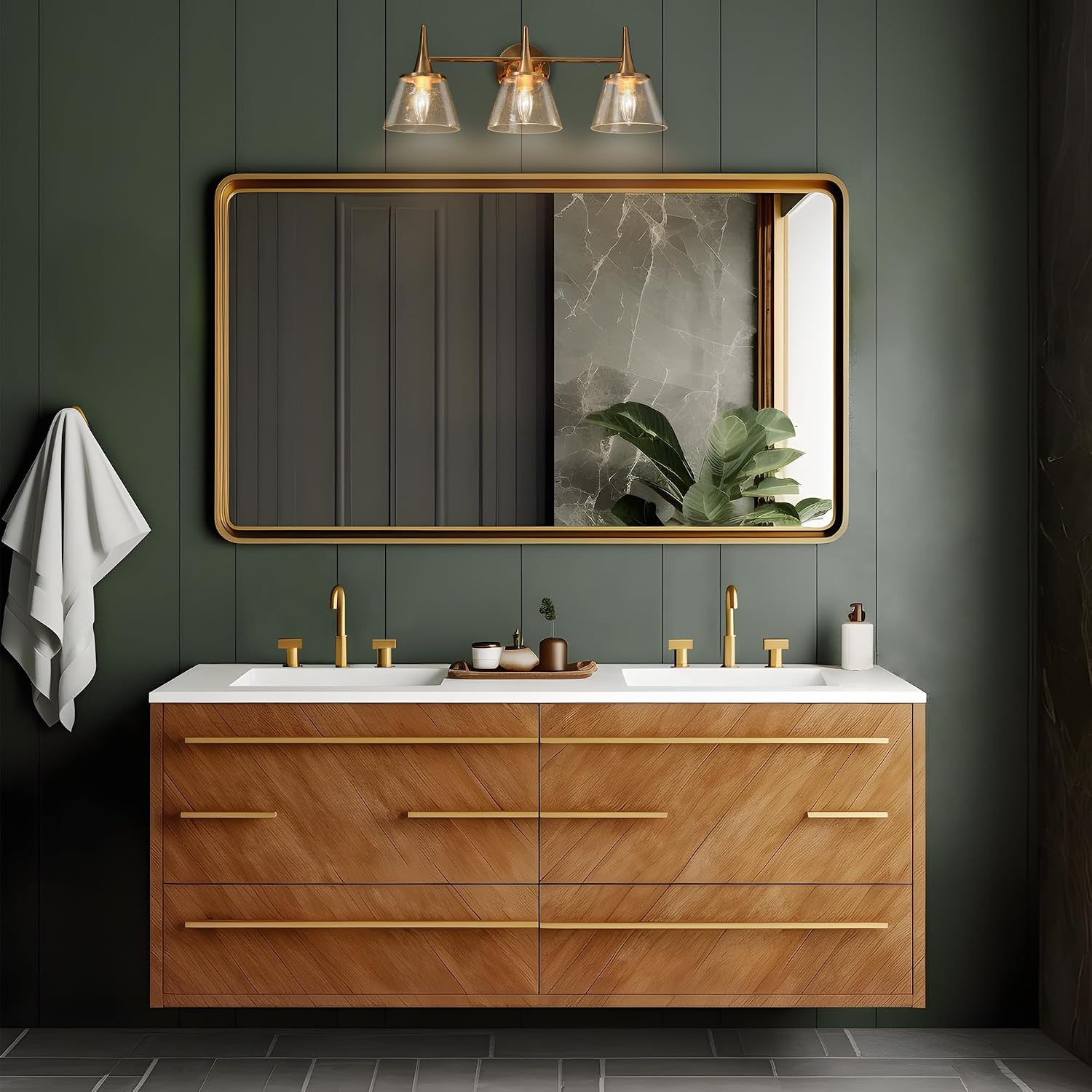 KSANA Gold Bathroom Light Fixtures, 22.5'' Modern Plating Brass Vanity Lights with Seeded Glass Shade, 3-Light Copper Bathroom Lighting Over Mirror